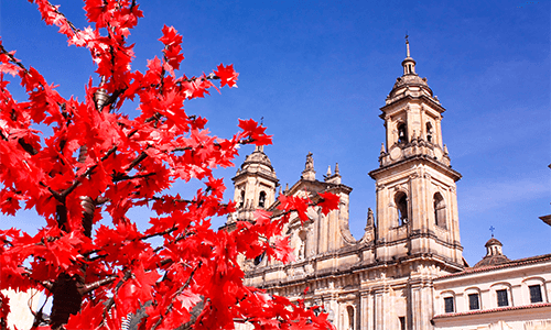 Cathedral of Bogota. "Catedral Basiiica Metropolitana de la Inmaculada Concepcion". At the Bolivar square. La Candelaria district, Bogota, Colombia.