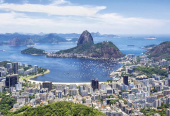 An aerial view of sunny Rio de Janeiro and Sugarloaf Mountain