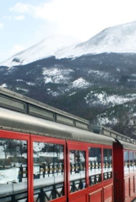 Train in front of Tierra del Fuego mountain