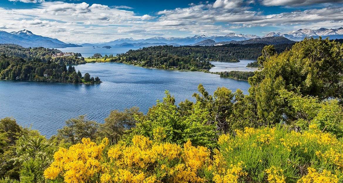 Scenic view of a lake surrounded by lush green forests, yellow wildflowers in the foreground, gentle waterfalls cascading nearby, and distant snow-capped mountains under a partly cloudy blue sky.