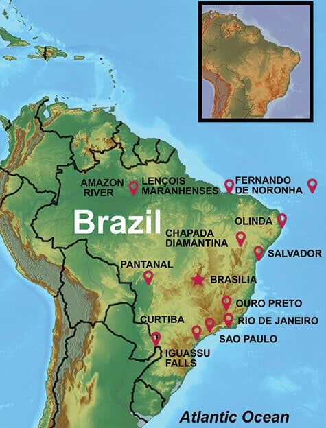 Brazil Travel Info and FAQ Map with select destinations highlighted.