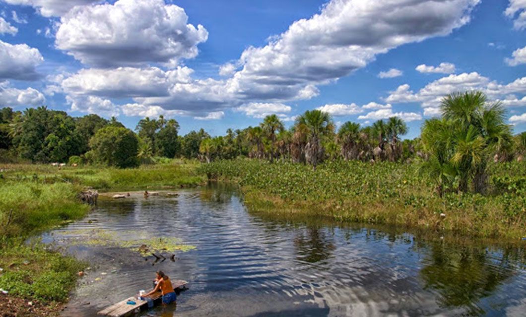 A person washes clothes in a small, shallow river surrounded by lush greenery and wild vegetation under a bright blue sky—an authentic scene awaiting discovery on a luxury adventure tour of Lençóis Maranhenses.