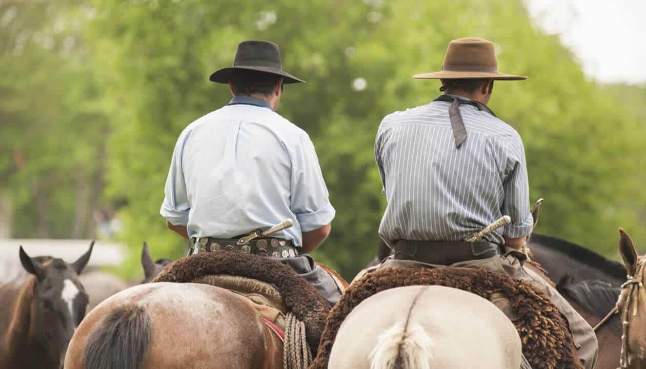 Two people wearing wide-brimmed hats and collared shirts ride horses side by side, seen from behind, capturing the spirit of a family journey through trees and other horses in the background.