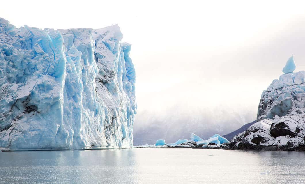 Large blue icebergs and rugged glaciers rise out of calm, reflective water under a cloudy, pale sky, evoking a cold and serene landscape reminiscent of the wild beauty found in remote regions like Wild Argentina.