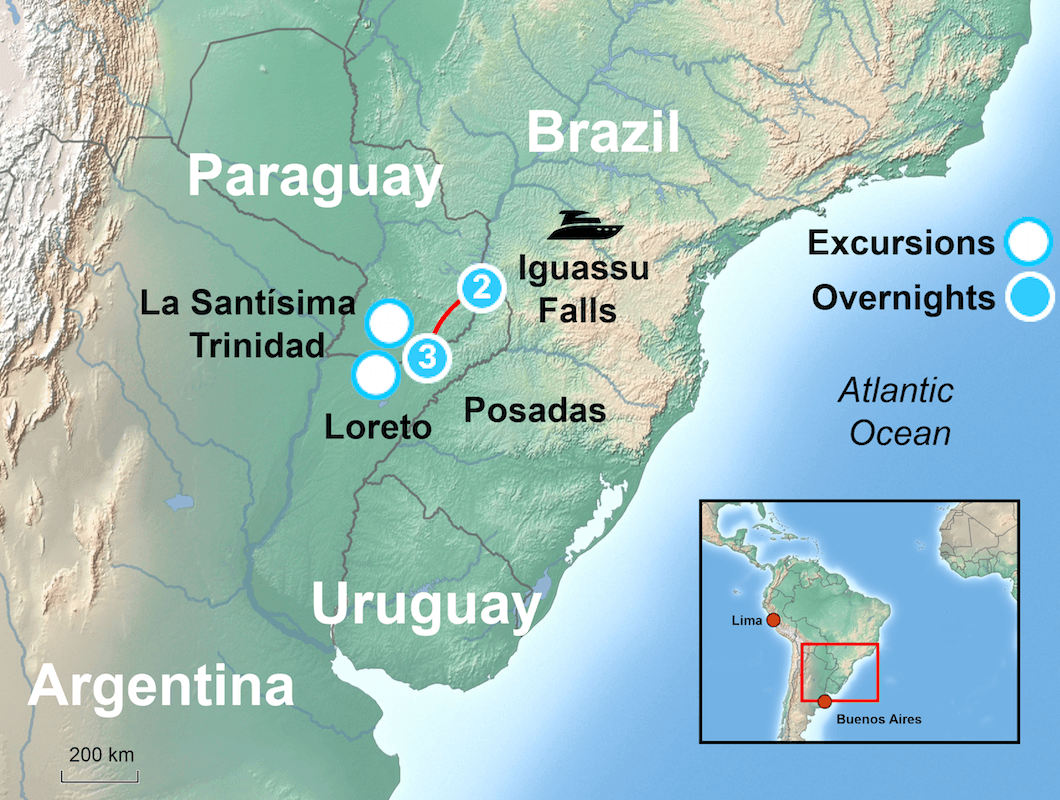 Map showing Paraguay, Brazil, Argentina, and Uruguay with excursion and overnight points marked near La Santisima Trinidad, Loreto, Iguassu Falls, and Posadas; includes an inset highlighting the region in South America.