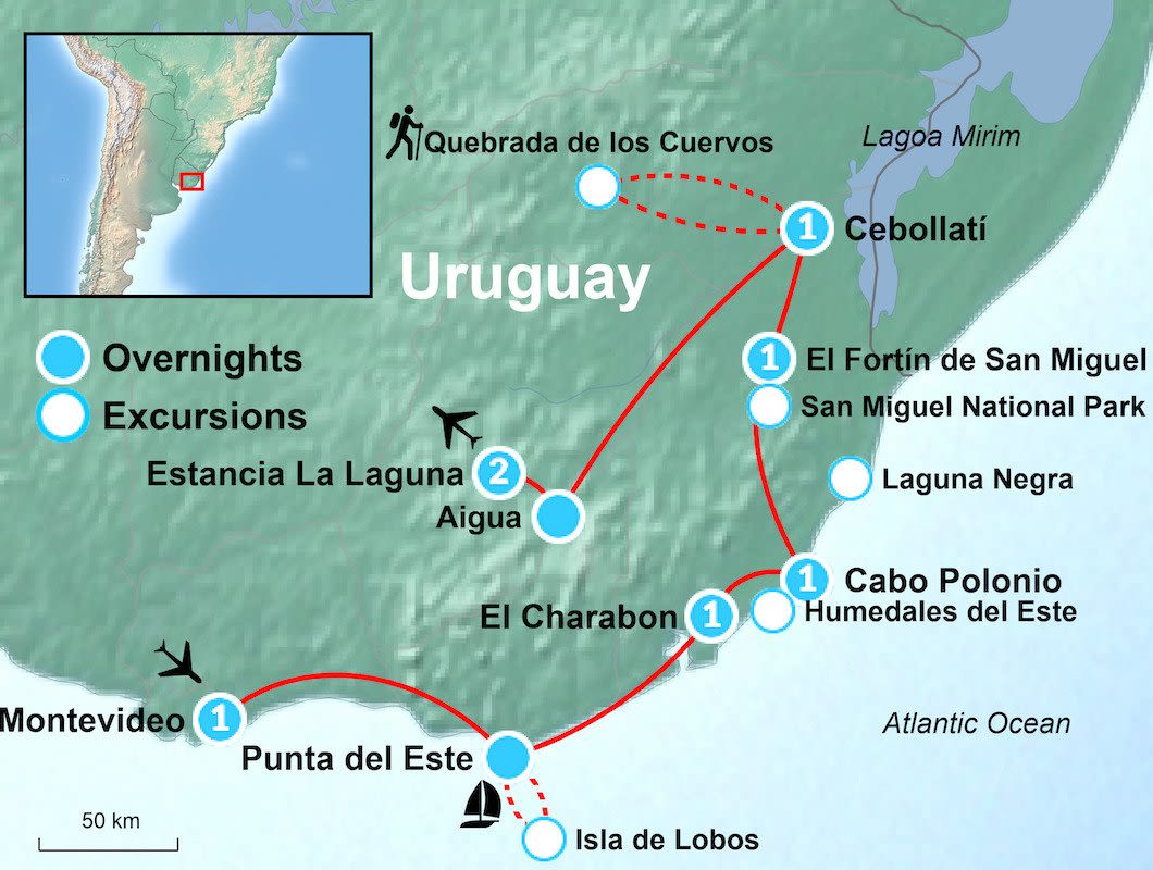 Map of Uruguay showing a travel route with stops at Montevideo, Punta del Este, Cebollatí, and Cabo Polonio. Icons indicate overnights, excursions, parks, and key landmarks along the journey.