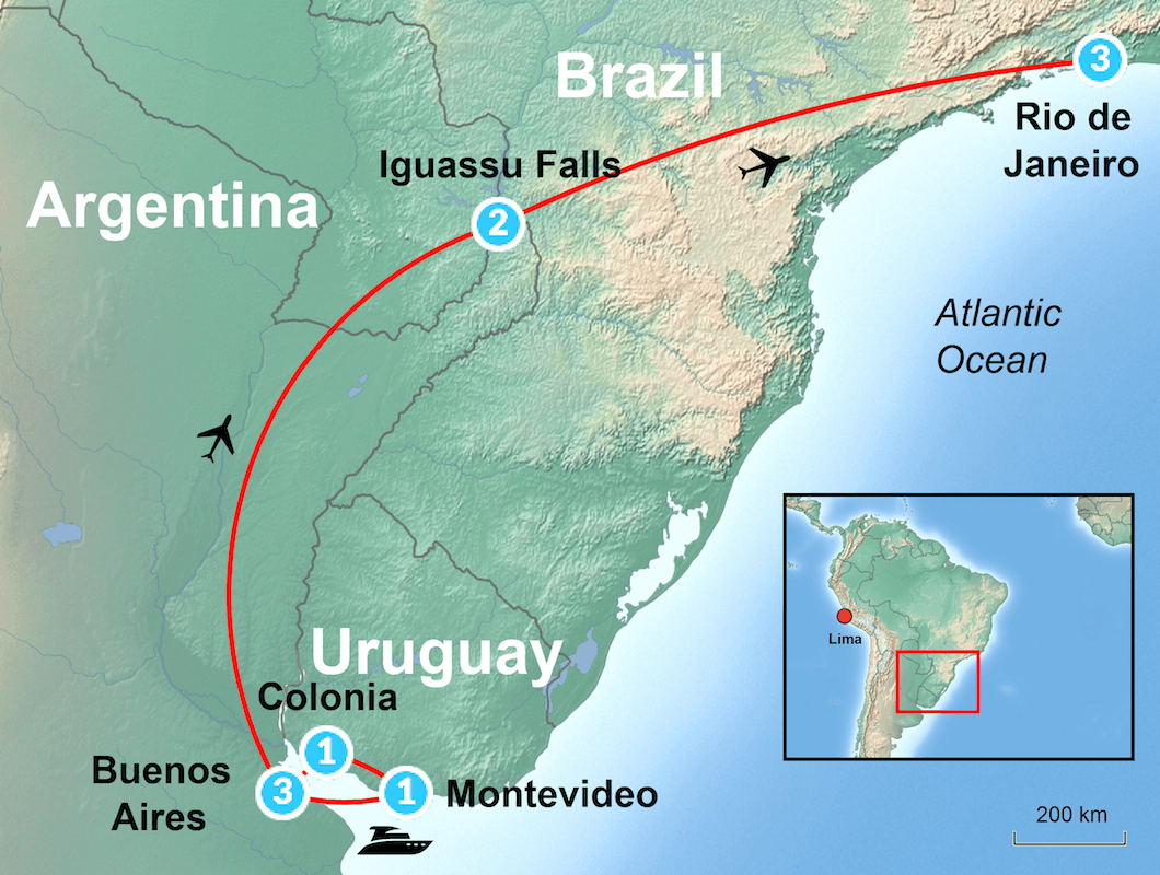 Map showing a travel route in South America from Buenos Aires to Montevideo—explore the rhythms of Tango and Candombe—then by plane to Iguassu Falls and Rio de Janeiro, home of Samba. Inset shows the region’s position in South America.