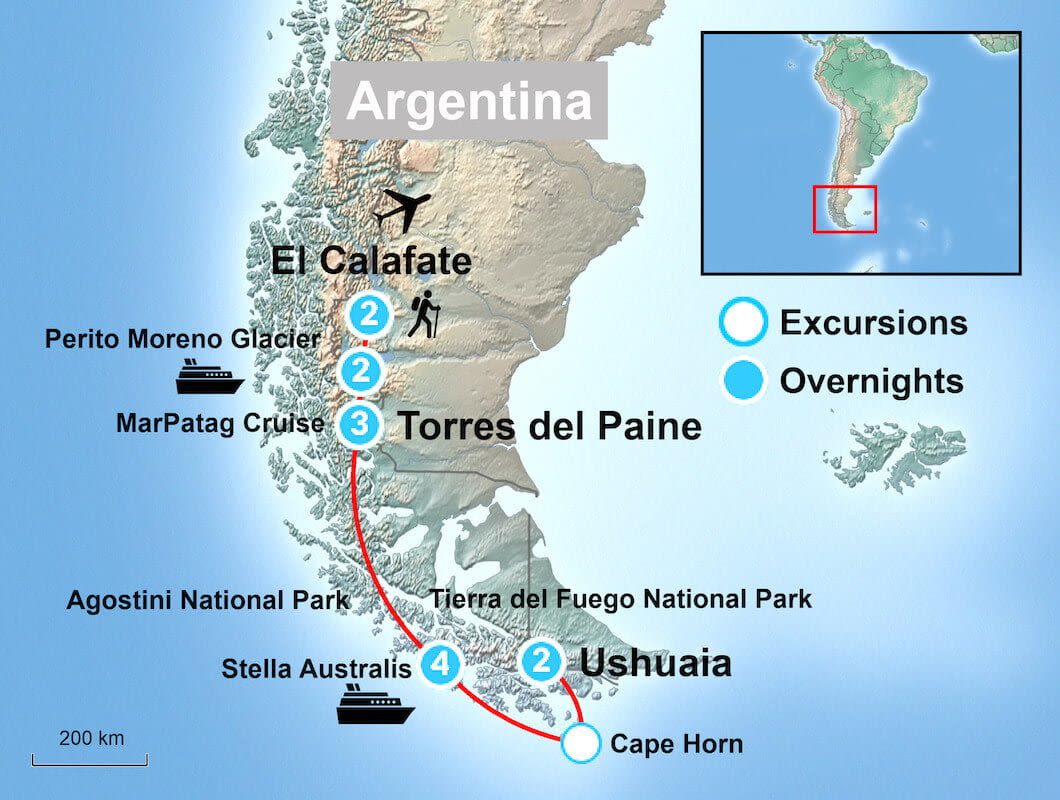 Map of southern South America showing a Patagonia Deluxe travel route from El Calafate to Ushuaia, with stops at Perito Moreno Glacier, Torres del Paine, and Cape Horn; icons mark excursions and overnight stays across Patagonia.