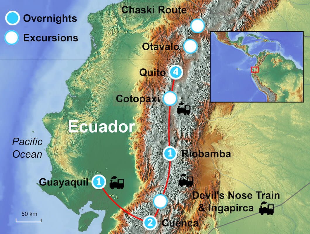 A map of Ecuador highlights a travel route from Guayaquil to Cuenca, Riobamba, Cotopaxi, Quito, and Otavalo, showing overnights and excursions, with icons for trains and buses; an inset locates Ecuador in South America.