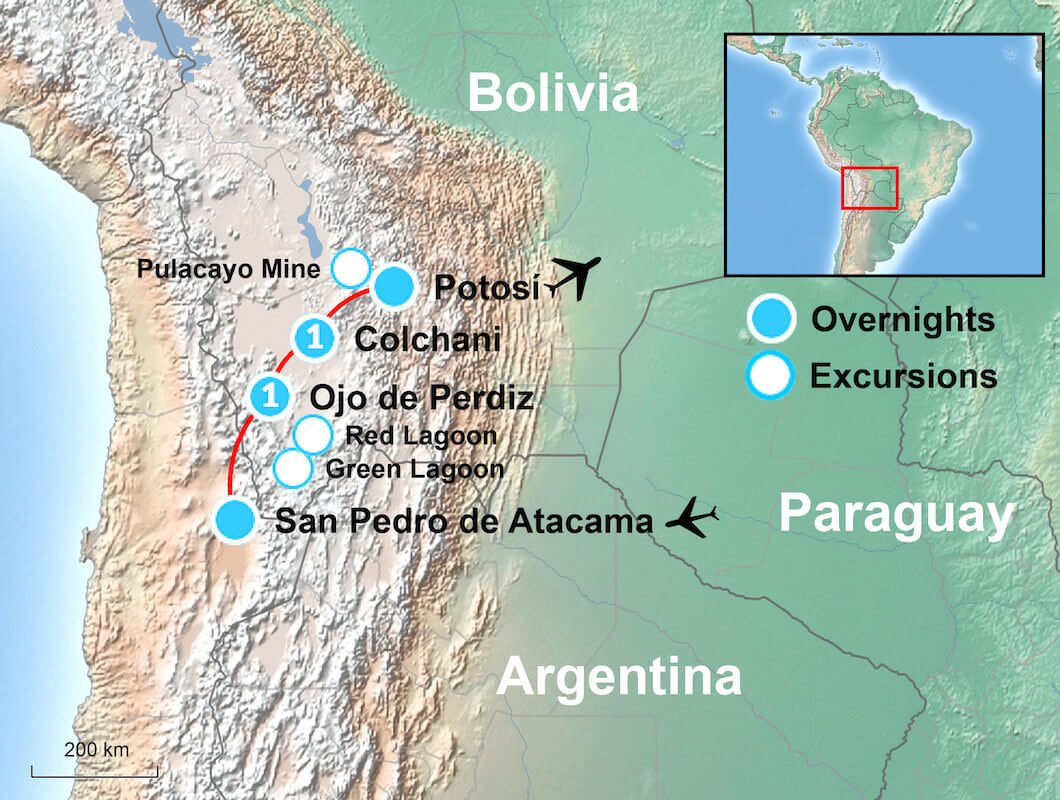 Map of Bolivia and surrounding countries with locations marked: Pulacayo Mine, Potosi, Colchani, Ojo de Perdiz, San Pedro de Atacama, Red Lagoon, and Green Lagoon; includes icons for overnights and excursions, plus an inset map of South America.