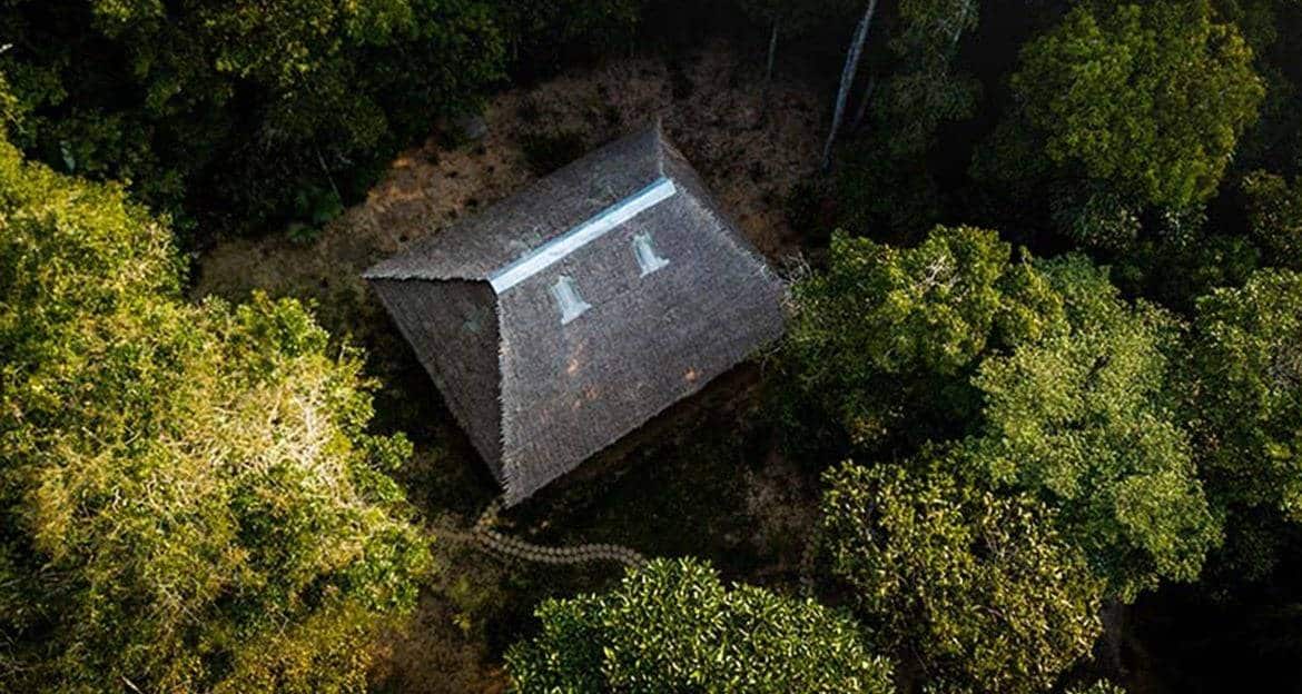 Aerial view of a thatched-roof house nestled in the Amazon rainforest, with sunlight filtering through dense green trees and a narrow path leading to the entrance—an inviting scene reminiscent of a Peru Jungle Lodge.