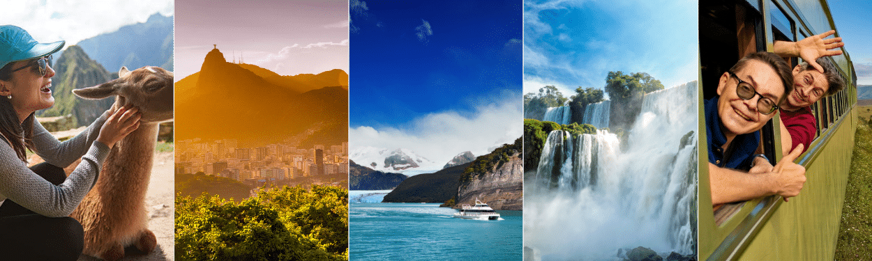 A vibrant collage highlighting south america tours: a woman with a llama, Rio de Janeiro’s Christ the Redeemer, a boat on turquoise Patagonian waters, Iguazu Falls, and two smiling people leaning from a green train.