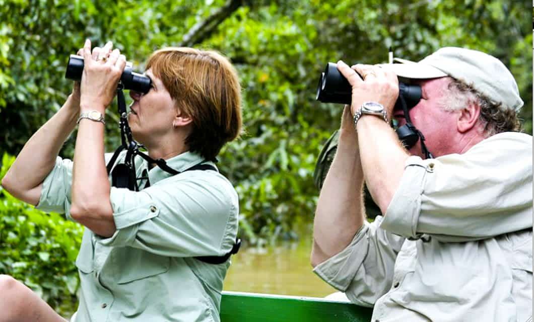 Two people sit outdoors in a lush green area along the Brazil Amazon River Cruise, looking through binoculars. Wearing light-colored shirts and hats, they appear to observe wildlife near the Tucano. Trees and vegetation fill the background.
