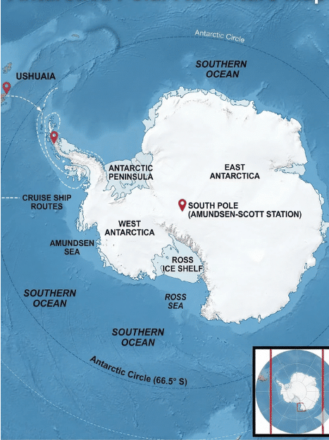 Map of Antarctica showing East and West Antarctica, the South Pole (Amundsen-Scott Station), Antarctic Peninsula, Ushuaia, cruise ship routes for Antarctica Tours, seas, the Antarctic Circle, and a small inset globe for context.