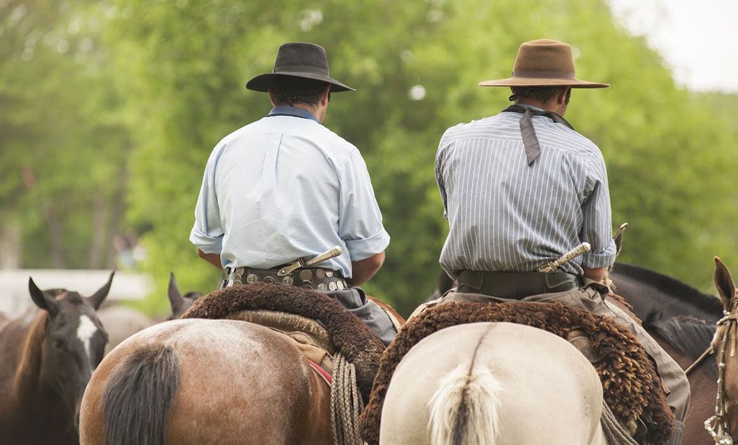 Two people wearing hats and collared shirts ride horses side by side, seen from behind, with other horses nearby and green trees in the background—capturing a serene moment from a Tierra del Fuego adventure.