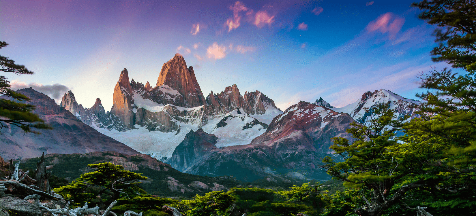 A distant view of the Argentina Fitz Roy in Patagonia. Adventurers enjoy these incredible views and experiences on Argentina Tours.