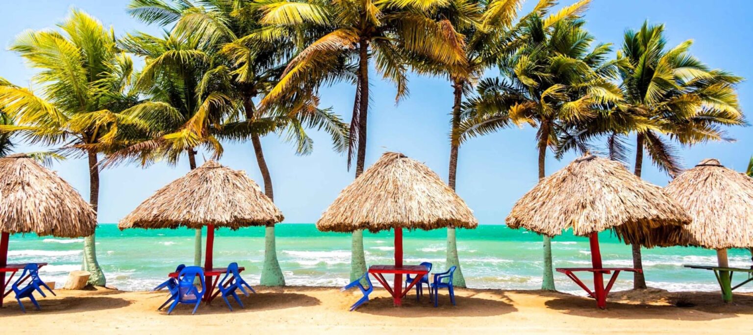 Thatched-roof huts with colorful tables and chairs sit on a sandy beach, framed by tall palm trees, with turquoise ocean waves and a clear blue sky in the background.