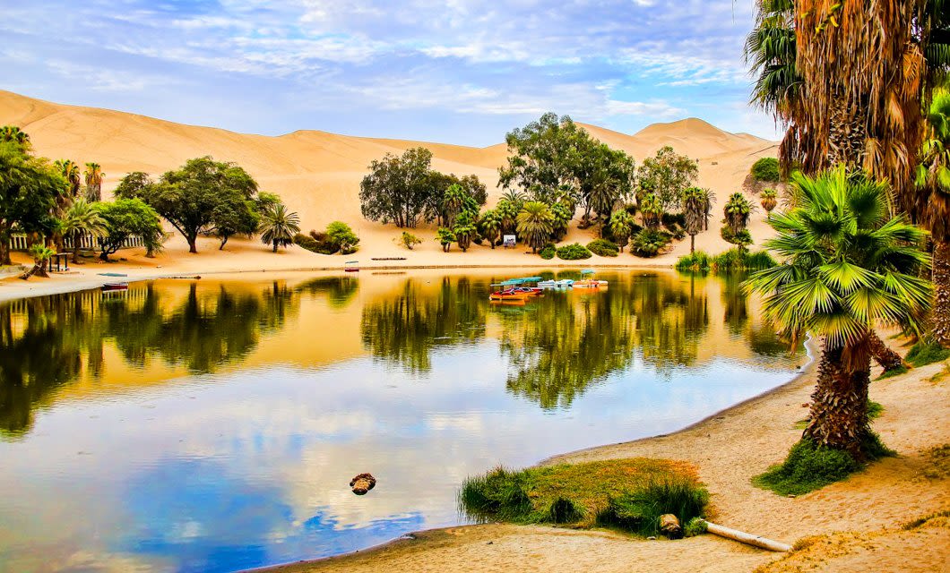 A tranquil oasis with a clear pond surrounded by lush palm trees and sandy desert dunes under a partly cloudy sky. Paddle boats float on the water—an idyllic stop on your Peru tour or gastronomy tour near a renowned Peru winery.