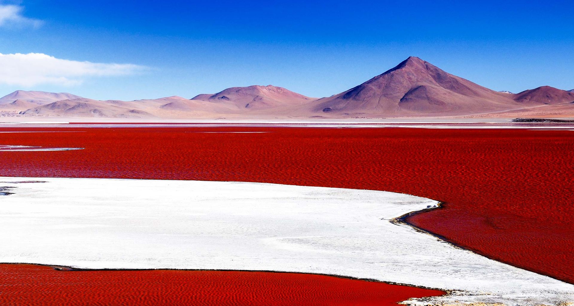 A vivid red salt lake with white mineral deposits in the foreground, set against the arid mountains of the Atacama Desert and a deep blue sky in the background.