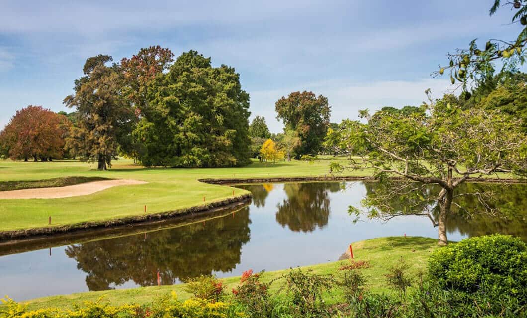 A scenic view of a golf course in Wild Argentina, featuring a sand bunker, lush green grass, large trees, and a calm pond reflecting the landscape under a blue sky.