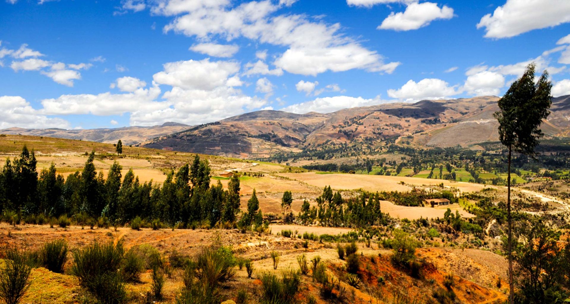 Expansive landscape with rolling hills, dry grass, patches of green trees, and mountains in the background under a blue sky filled with scattered white clouds, reminiscent of the scenery near Trujillo and the ancient ruins of Chan Chan.