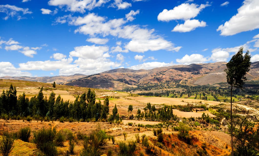 A wide landscape view near Trujillo with scattered trees, golden fields, distant hills, and mountains under a bright blue sky—perfect for starting a Cajamarca Archaeology Tour.
