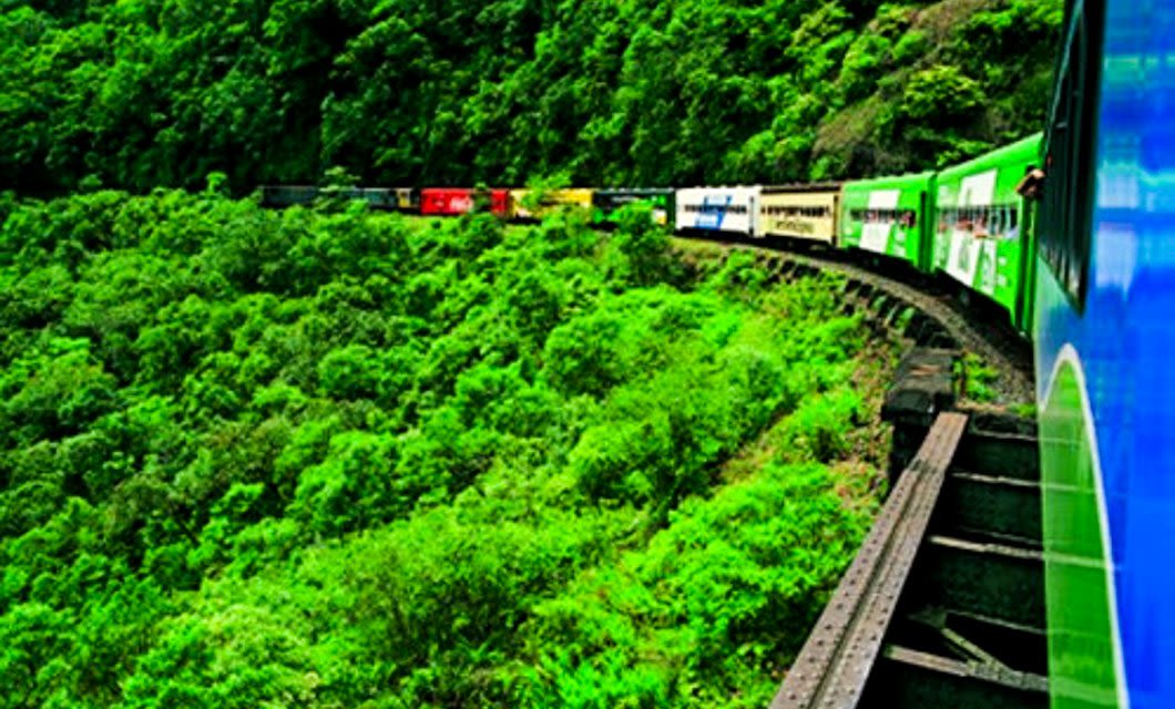 A colorful train travels along a curved railway track through lush green hills near Iguassu Falls, with dense vegetation, steep slopes, and vibrant foliage surrounding the scenic journey.