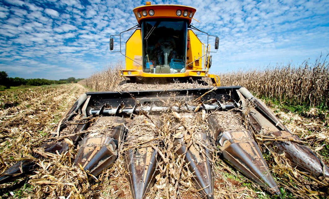 A yellow combine harvester harvesting dry corn in a field under a partly cloudy blue sky. The machine moves toward the camera, cutting through corn stalks—a classic scene from Brazil agriculture often seen on a Brazil Agriculture Tour.