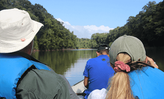 Three people wearing hats and life jackets ride in a boat down a calm river, surrounded by dense green forest under a bright blue sky with some clouds.