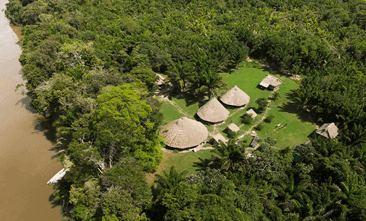 Aerial view of a small village with thatched-roof huts surrounded by dense green forest next to a river. The village is set in a clearing with lush vegetation all around.