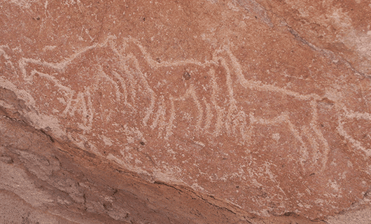 Ancient petroglyphs depicting several animal figures, possibly deer or goats, etched into a reddish-brown rock surface in Chile—an intriguing stop for those on an Eclipse Tour during a Total Solar Eclipse.