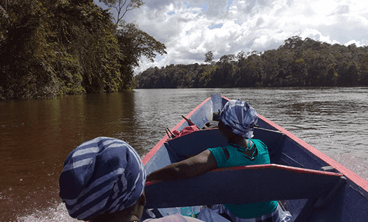 Two people in blue headscarves ride in a wooden canoe along a wide river, surrounded by dense green forest under a partly cloudy sky—an unforgettable moment on a Three Guianas adventure tour.