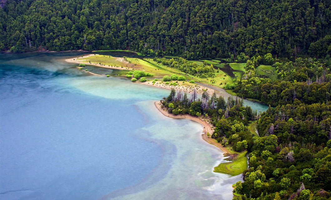 Aerial view of a vibrant, forested shoreline with clear blue water and sandy beaches, evoking the lush green beauty of Bariloche—perfect for wildlife watching along the tranquil lake surrounded by dense woods.