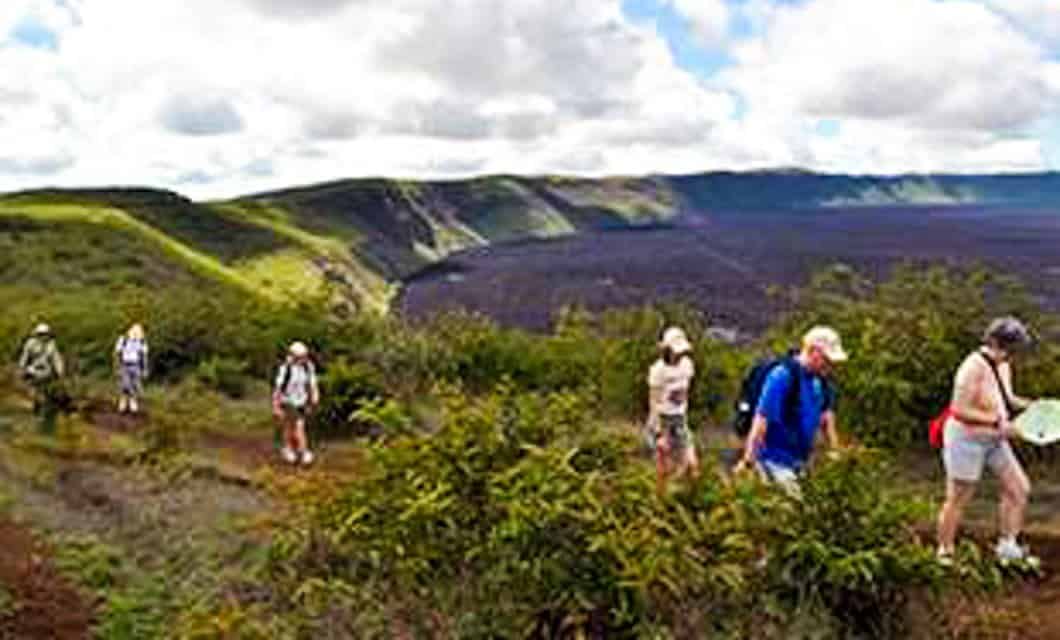 A group of hikers walk along a grassy trail on the Galapagos Loop, surrounded by green hills and dense vegetation under a cloudy sky, with cliffs and a valley visible in the background.