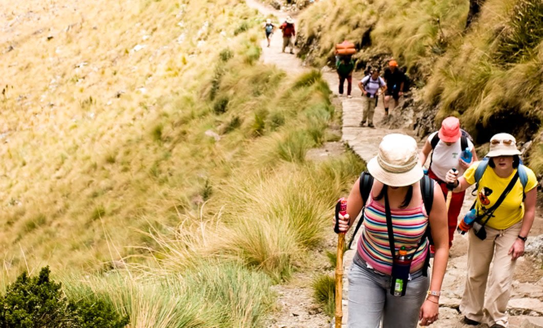 A group of hikers wearing hats and carrying backpacks walk up a narrow, rocky trail surrounded by tall grass on the sunlit mountainside of the Inca Trail to Machu Picchu. The steep terrain features more hikers visible farther up the path.