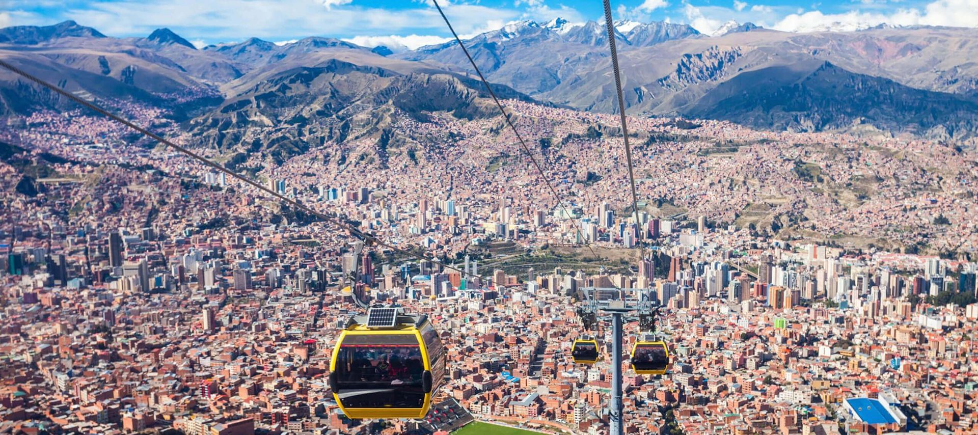 Aerial view of a city with yellow cable cars traveling above densely packed buildings, surrounded by mountains under a blue sky with scattered clouds—an iconic scene often explored on La Paz Tours.