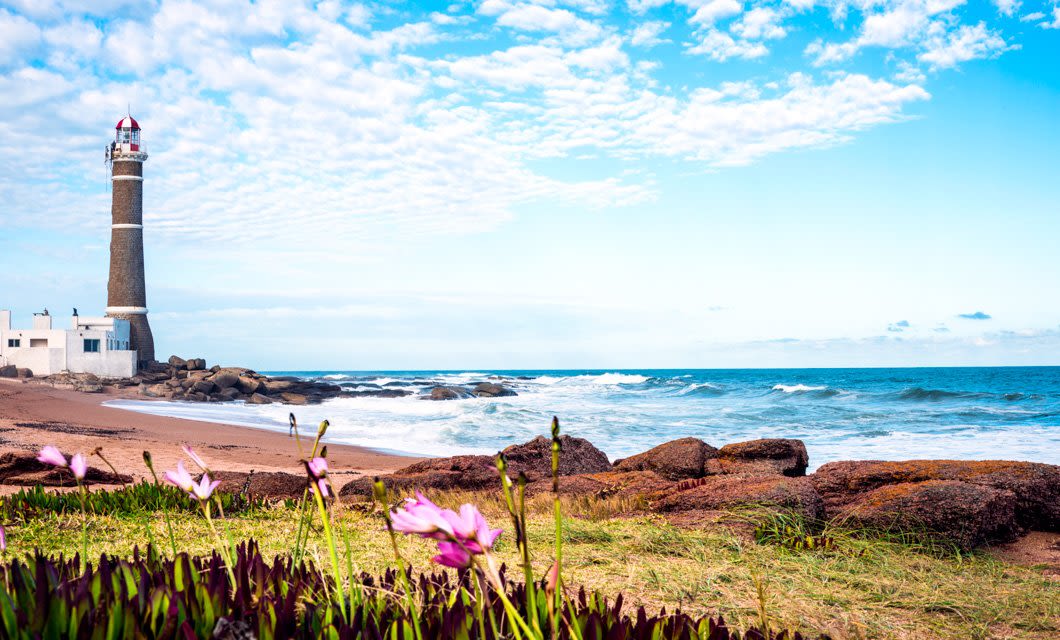 A tall lighthouse stands on a rocky coastline beside a sandy beach, with pink flowers and green grass in the foreground—an iconic stop on any Coast to Coast Tour—while waves crash under a bright, partly cloudy sky.