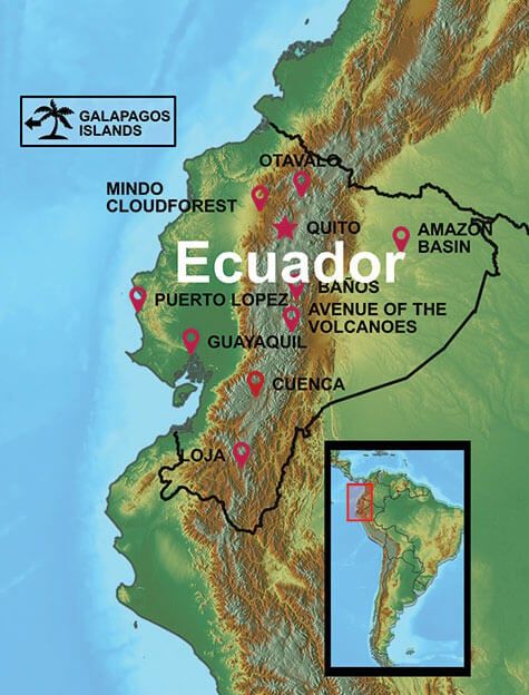 Ecuador Travel Info and FAQ Map with select destinations highlighted.