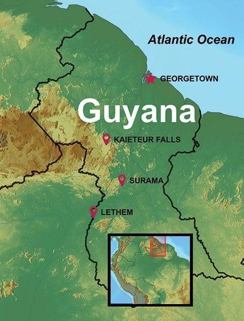 Guyana Travel Info and FAQ Map with select destinations highlighted.