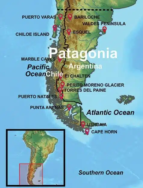 Patagonia Travel Info and FAQ Map with select destinations highlighted.
