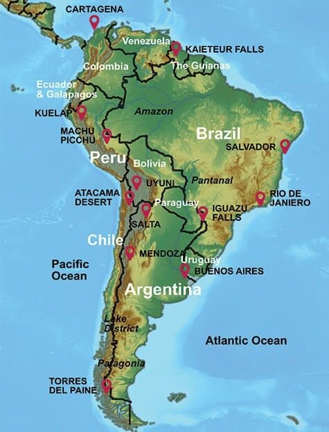 South America Locations Map, with key destinations with red markers. Used for FAQ Support.