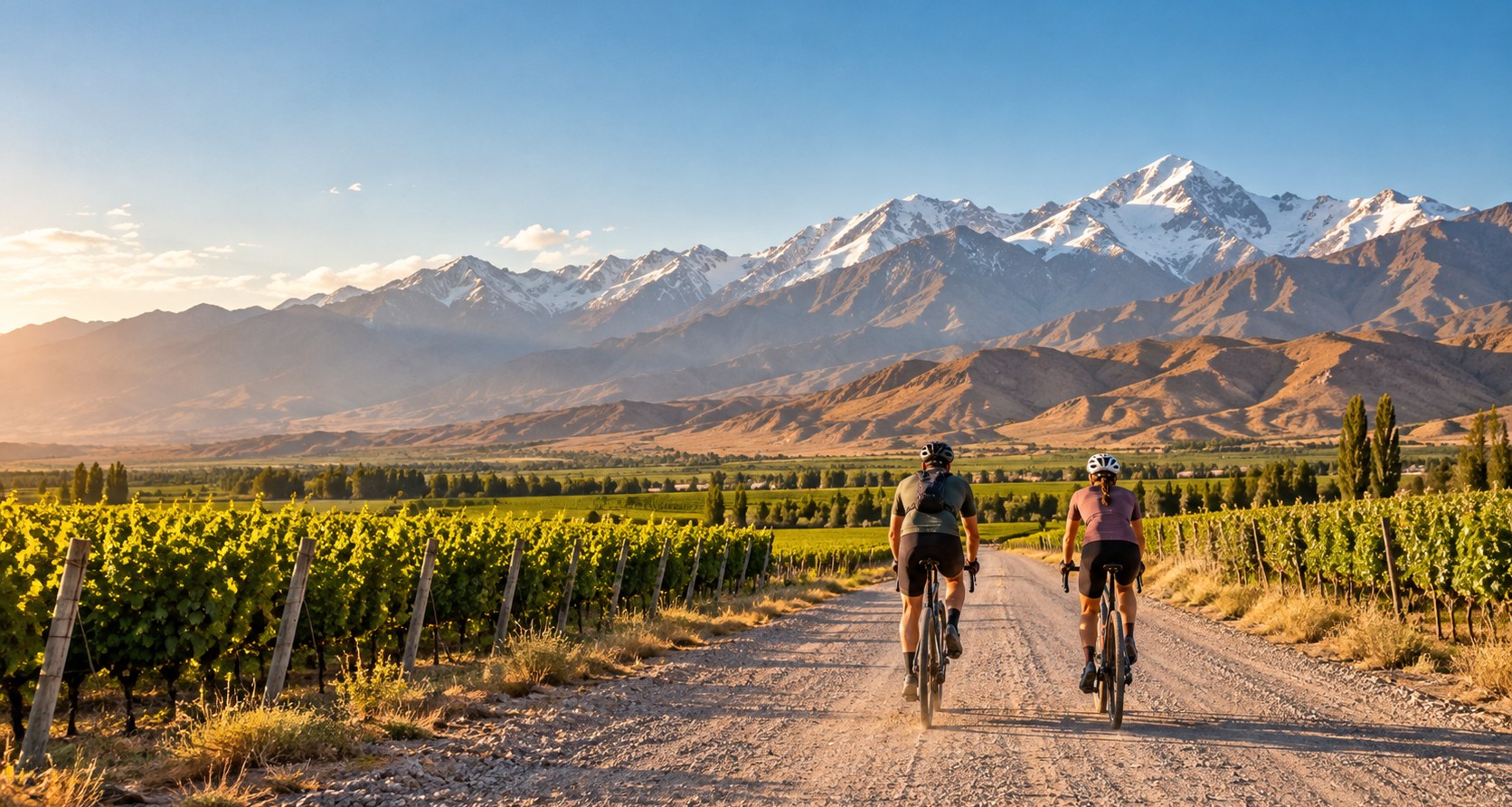Two cyclists riding a gravel road through Mendoza vineyards toward the Andes
