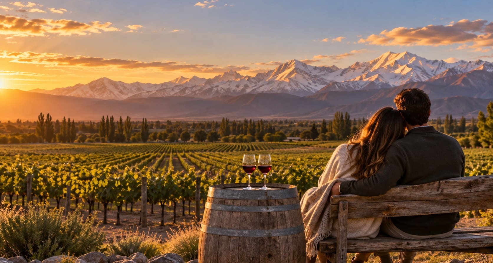 Couple watching the sunset over a Mendoza vineyard with two glasses of Malbec and the snow-capped Andes behind