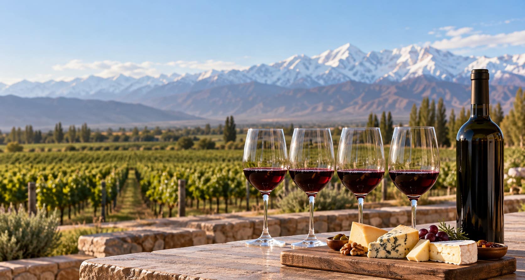 Glasses of Malbec and cheese on a Mendoza winery terrace with vineyards and the Andes behind