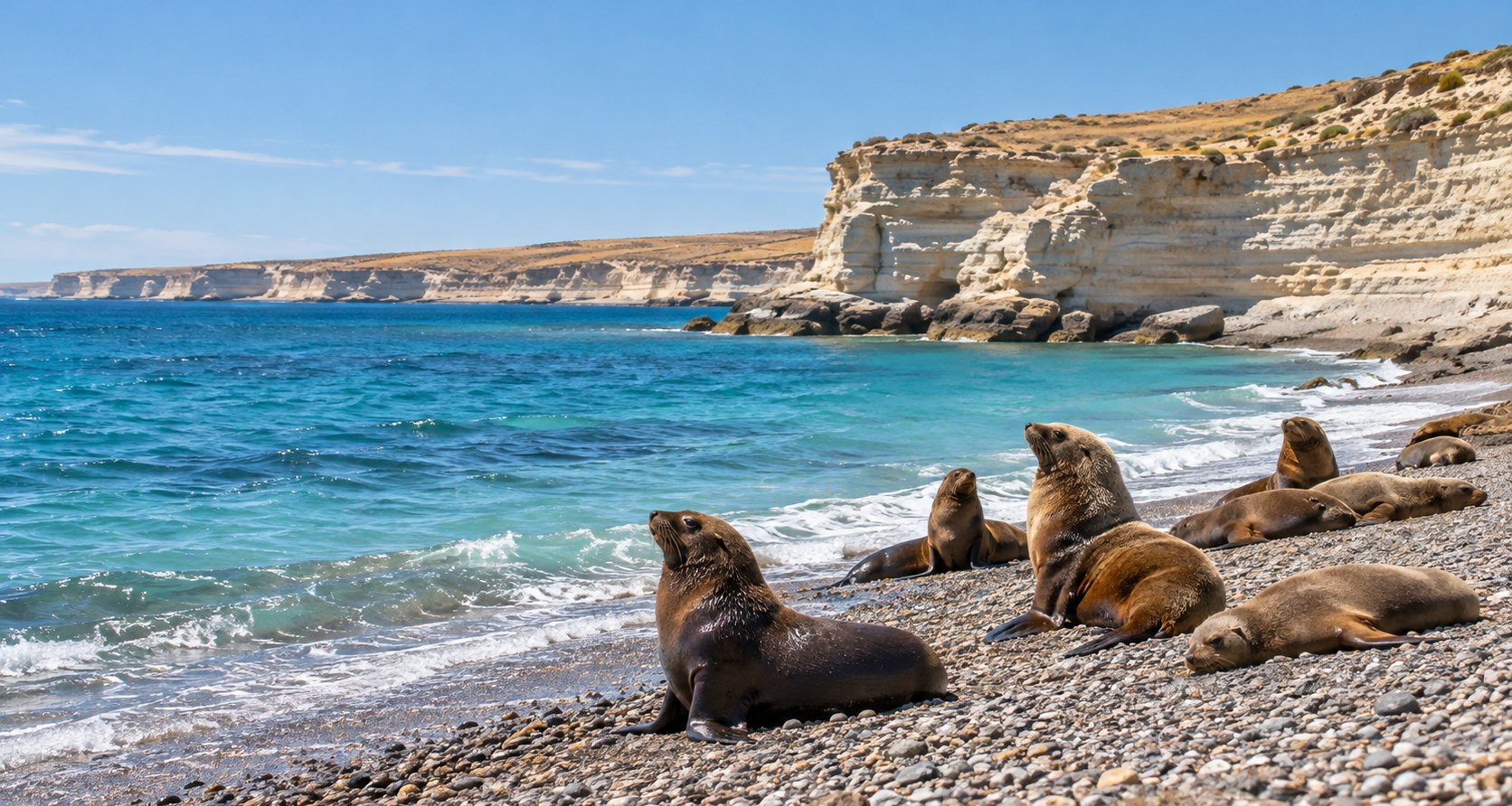 Southern sea lions resting on a pebble beach below sandstone cliffs on the Patagonian coast
