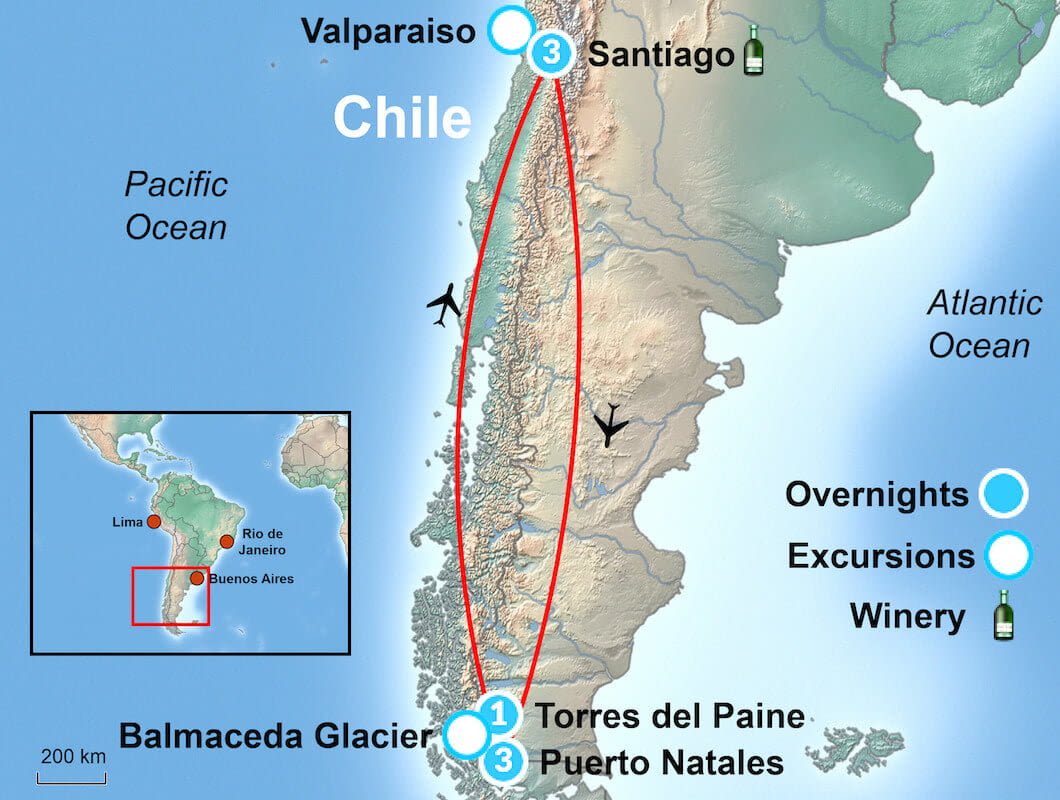 Map of Chile showing a tour route from Santiago to Valparaiso, Puerto Natales, Torres del Paine, and Balmaceda Glacier, with symbols for flights, overnights, excursions, and a winery; inset highlights its South America location.