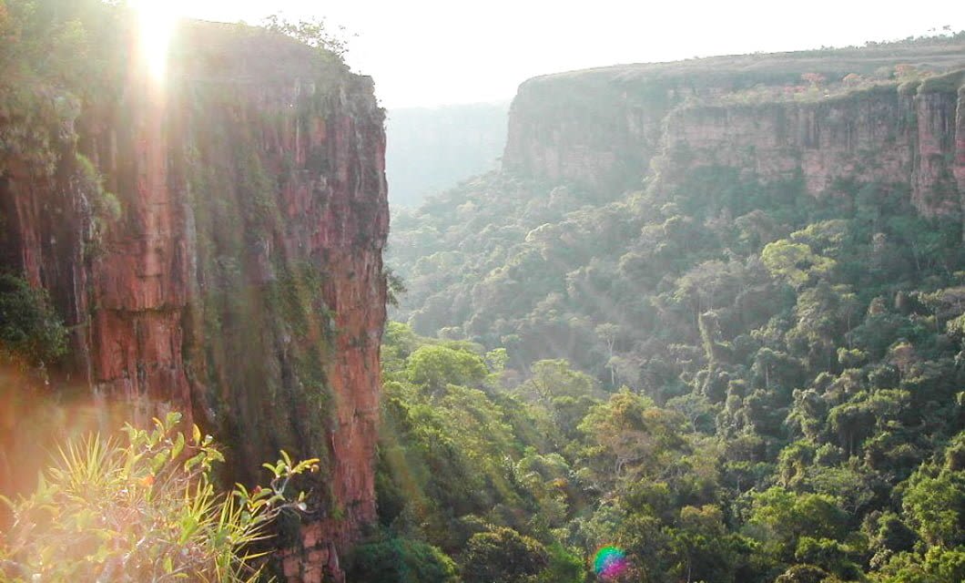 Sunlight shines over a tall, red rock cliff in Chapada dos Guimaraes, surrounded by dense green forest in a deep canyon, with misty, distant cliffs and trees filling the landscape.