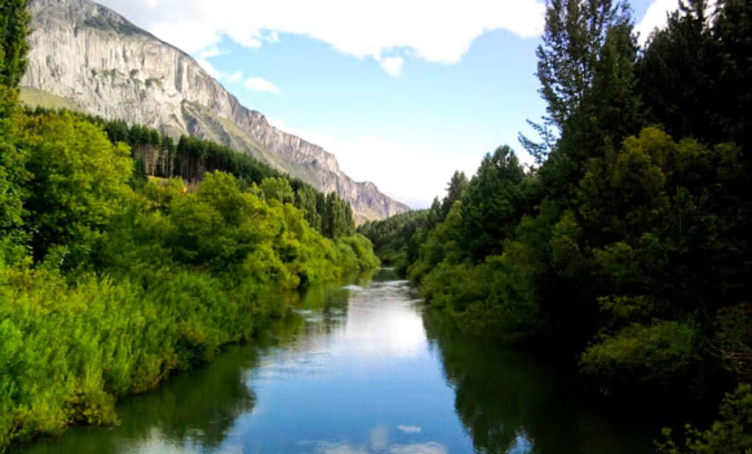 A serene river flows between dense green trees in Northern Patagonia, with a rocky mountain rising in the background under a partly cloudy blue sky.