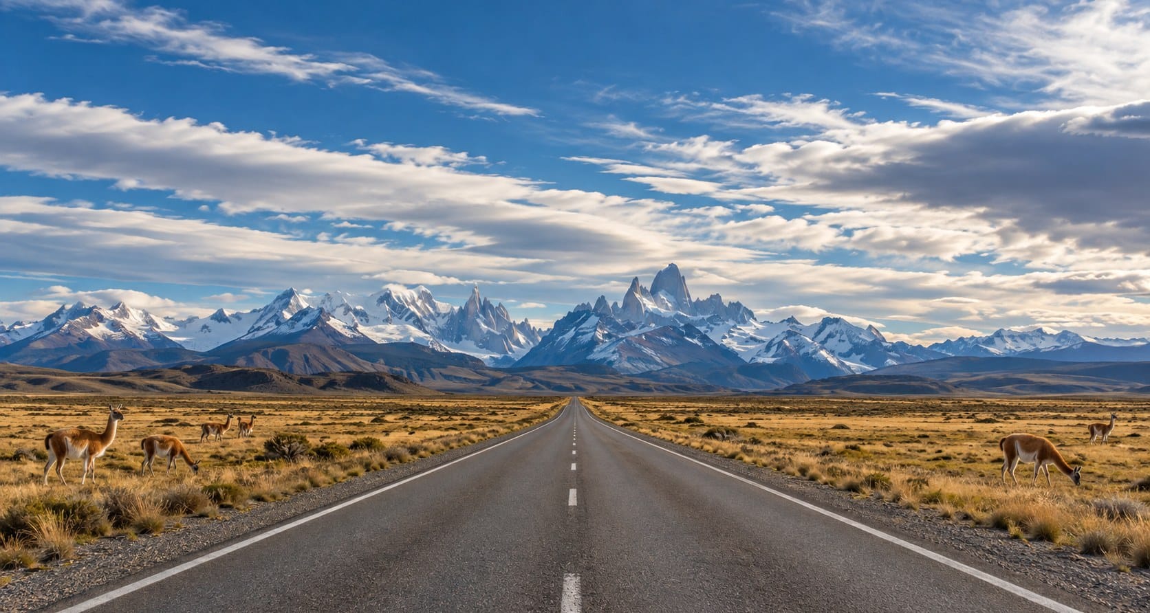 Route 40 running straight across the Patagonian steppe toward the snow-capped Andes, with guanacos by the road