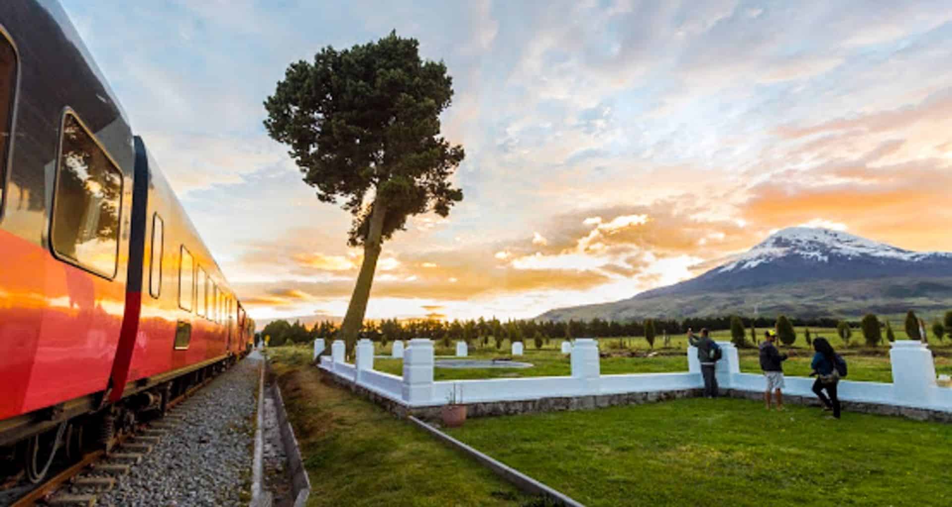 A bright Tren Crucero train travels past a grassy area with white fences and people taking photos, a leaning tree, and a snow-capped mountain along the Avenue of the Volcanoes during sunset.